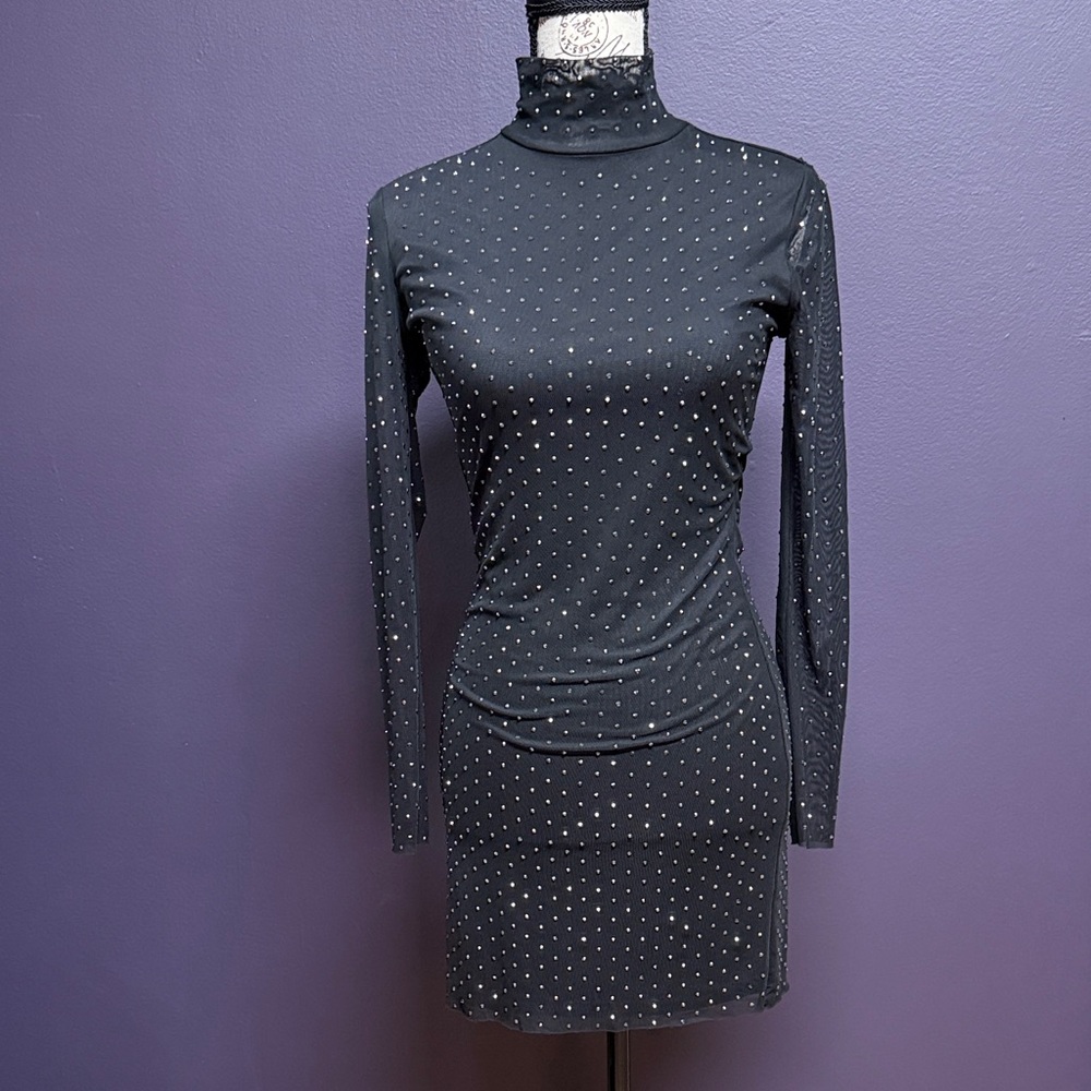 Aqua Elegant Black Studded Long Sleeve Dress